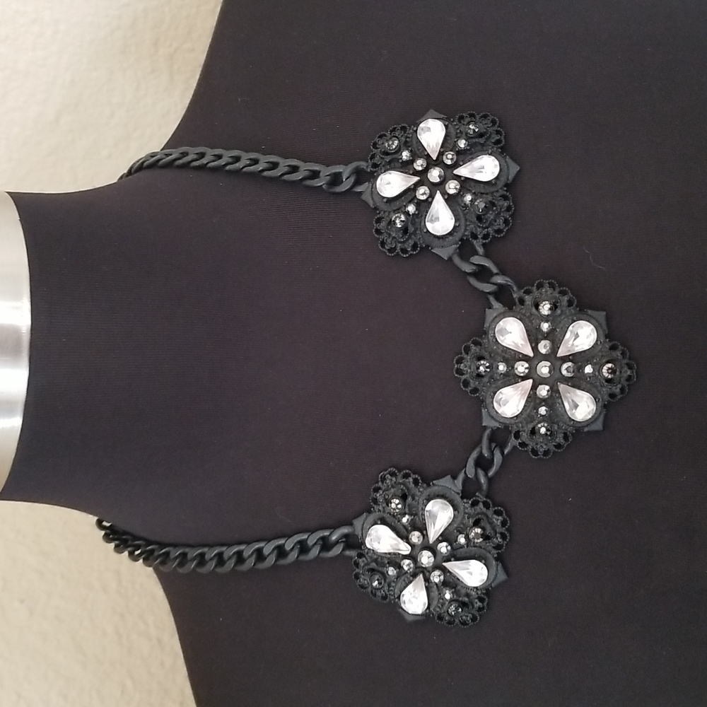 Black Matte Floral Rhinestone Necklace